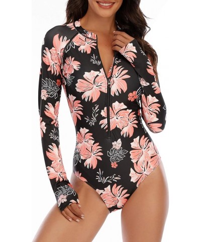 Womens Athletic One Piece Swimsuits Long Sleeve Swimsuit Sports Surfing Swimwear Bathing Suits Pink Flower $21.27 Swimsuits