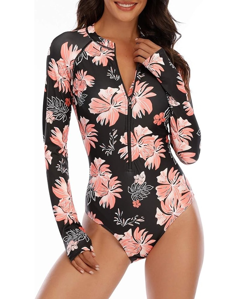 Womens Athletic One Piece Swimsuits Long Sleeve Swimsuit Sports Surfing Swimwear Bathing Suits Pink Flower $21.27 Swimsuits