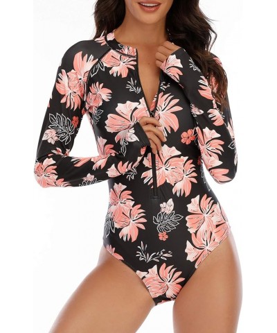 Womens Athletic One Piece Swimsuits Long Sleeve Swimsuit Sports Surfing Swimwear Bathing Suits Pink Flower $21.27 Swimsuits