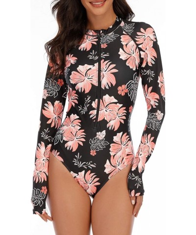 Womens Athletic One Piece Swimsuits Long Sleeve Swimsuit Sports Surfing Swimwear Bathing Suits Pink Flower $21.27 Swimsuits