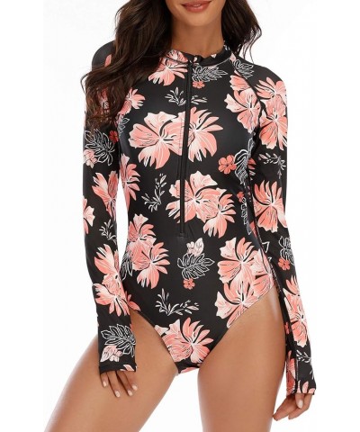 Womens Athletic One Piece Swimsuits Long Sleeve Swimsuit Sports Surfing Swimwear Bathing Suits Pink Flower $21.27 Swimsuits