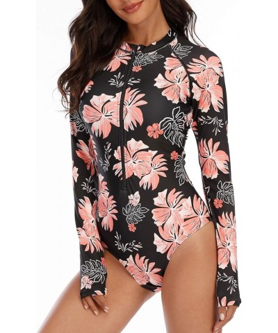 Womens Athletic One Piece Swimsuits Long Sleeve Swimsuit Sports Surfing Swimwear Bathing Suits Pink Flower $21.27 Swimsuits