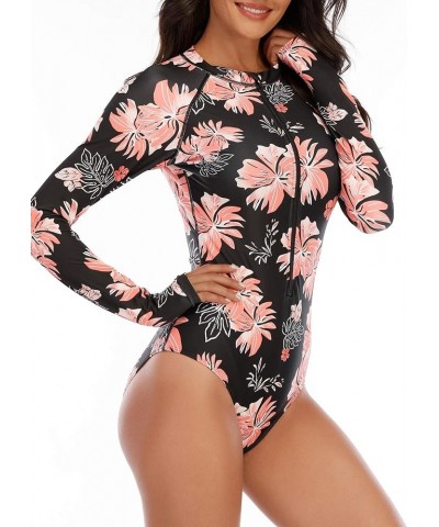 Womens Athletic One Piece Swimsuits Long Sleeve Swimsuit Sports Surfing Swimwear Bathing Suits Pink Flower $21.27 Swimsuits