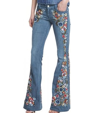 Women's Floral Embroidered Bell Bottom Jeans Plus Size High Rise Wide Legs Flare Jeans Distressed Denim Pants Light Blue $15....