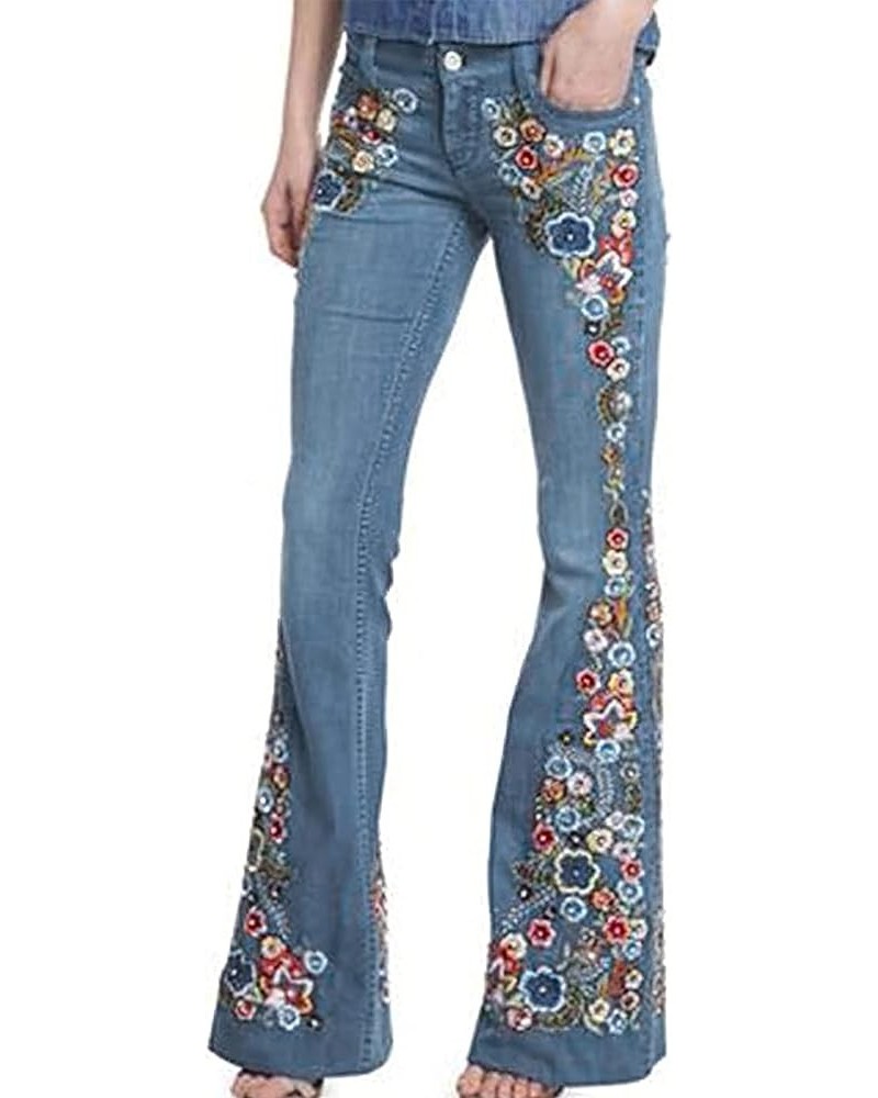 Women's Floral Embroidered Bell Bottom Jeans Plus Size High Rise Wide Legs Flare Jeans Distressed Denim Pants Light Blue $15....