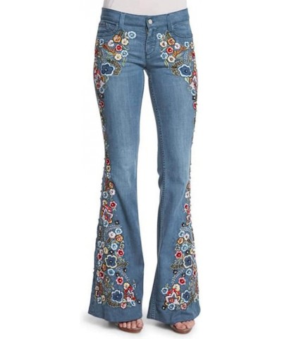 Women's Floral Embroidered Bell Bottom Jeans Plus Size High Rise Wide Legs Flare Jeans Distressed Denim Pants Light Blue $15....