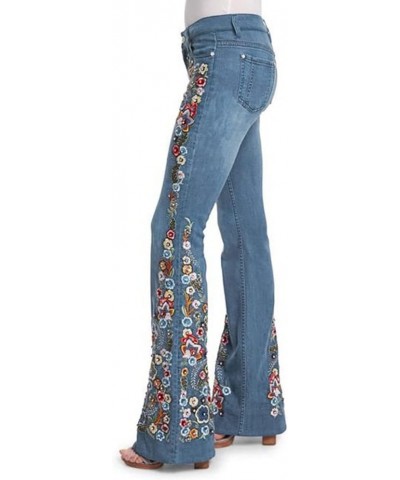 Women's Floral Embroidered Bell Bottom Jeans Plus Size High Rise Wide Legs Flare Jeans Distressed Denim Pants Light Blue $15....