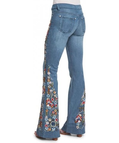 Women's Floral Embroidered Bell Bottom Jeans Plus Size High Rise Wide Legs Flare Jeans Distressed Denim Pants Light Blue $15....