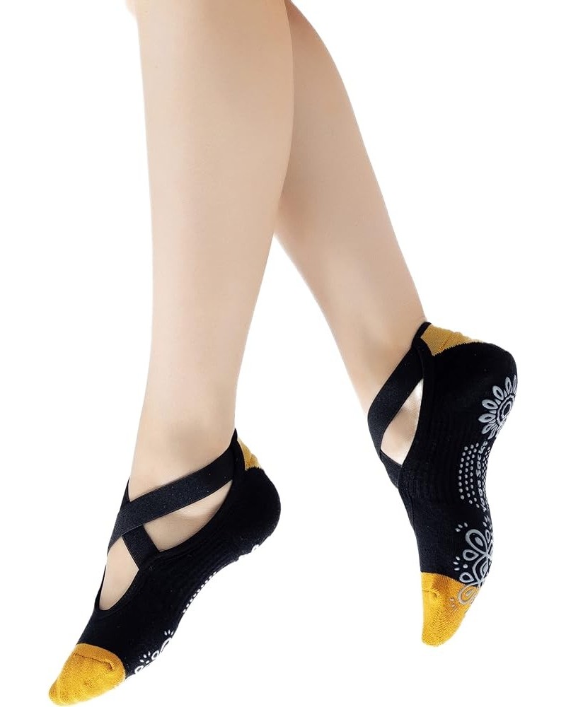 Yoga Pilates Socks with Grips Cross Band for Women Non Slip Cushioned Ankle Socks for Barre Ballet Dance Yellow $8.84 Activewear