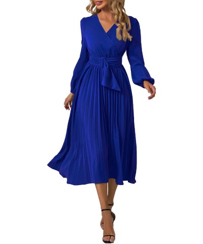 Long Sleeve Maxi Dress for Women V Neck Lantern Sleeve Belted Pleated Faux Wrap Dress Blue $12.00 Dresses