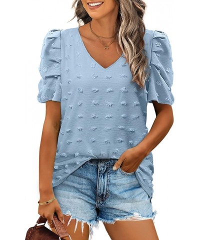 Short Sleeve Tshirts for Women Chiffon V Neck Blouses Cute Puff Sleeve Tops 05-blue $10.59 Blouses