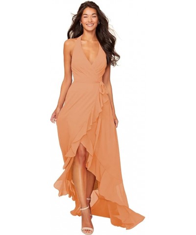 Women's Asymmetrical Wrap Halter Bridesmaid Dresses with Pockets Ruffle Chiffon Formal Party Gowns SYYS330 Orange $38.42 Dresses