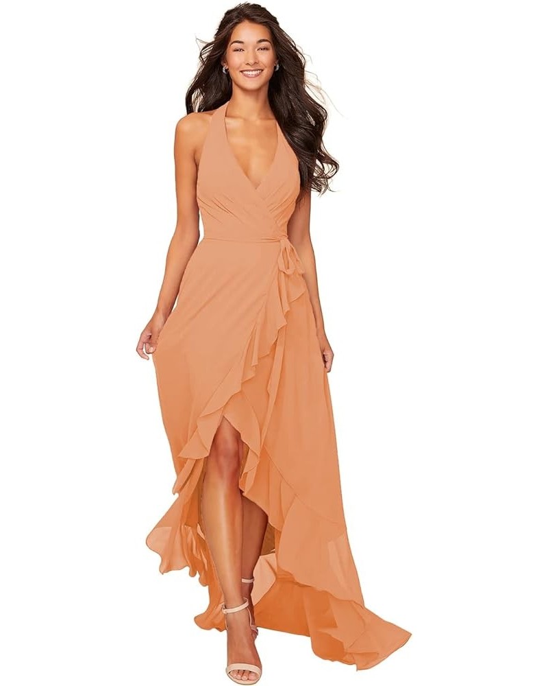 Women's Asymmetrical Wrap Halter Bridesmaid Dresses with Pockets Ruffle Chiffon Formal Party Gowns SYYS330 Orange $38.42 Dresses