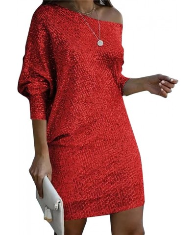 Women's Fall Fashion One Shoulder Long Sleeve Sequin Dress Bodycon Short Dresses Party Dresses Mini Dress A-red $11.70 Dresses