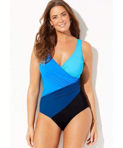 Women's Plus Size Colorblock Surplice One Piece Swimsuit Blue Combo $24.02 Swimsuits