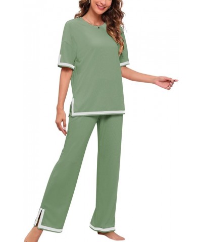 Women's 2 Piece Outfits Casual Pleated Short Sleeve Knit T-Shirt Tops Wide Leg Pants Lounge Sets Tracksuit Light Green_c38 $2...