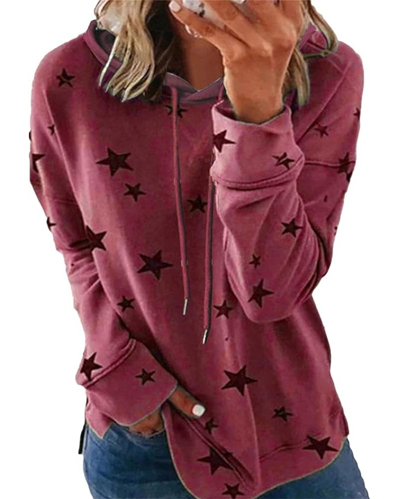 Womens Plus Size Crewneck Pullover Star Print Casual Shirt Long Sleeve Side Split Tops Red $12.32 Hoodies & Sweatshirts