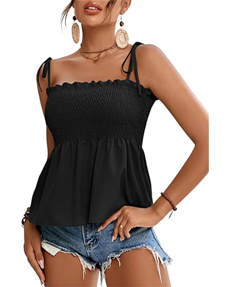 Women's Dressy Casual Tops Summer Tie Shoulder Frill Shirred Ruffle Hem Tank Tops Sleeveless Strappy Cami Work Shirts Black $...