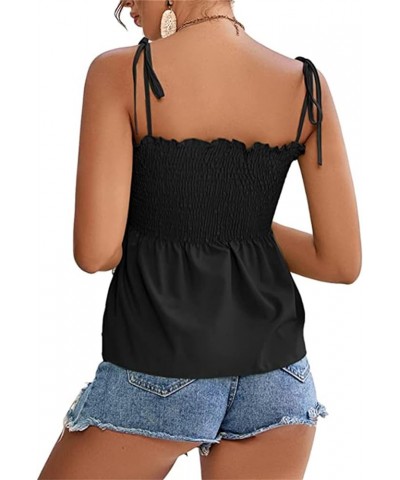 Women's Dressy Casual Tops Summer Tie Shoulder Frill Shirred Ruffle Hem Tank Tops Sleeveless Strappy Cami Work Shirts Black $...