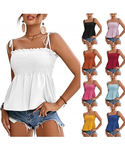 Women's Dressy Casual Tops Summer Tie Shoulder Frill Shirred Ruffle Hem Tank Tops Sleeveless Strappy Cami Work Shirts Black $...