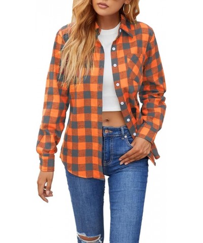 Girls & Women's Button Down Shirts Long Sleeve Flannel Shirt A Orange Grey $8.24 Blouses