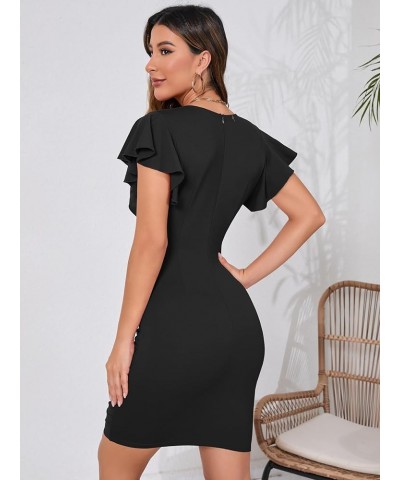 Women's Sexy V Neck Ruffle Sleeve Faux Wrap Ruched Bodycon Mini Party Cocktail Dress Black $22.09 Dresses