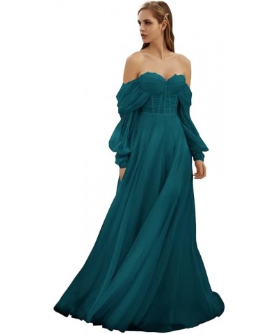 Women's Tulle Long Prom Dress Puffy Sleeve 2023 Off Shoulder Sweetheart Vintage Evening Party Gowns Peacock $32.40 Dresses