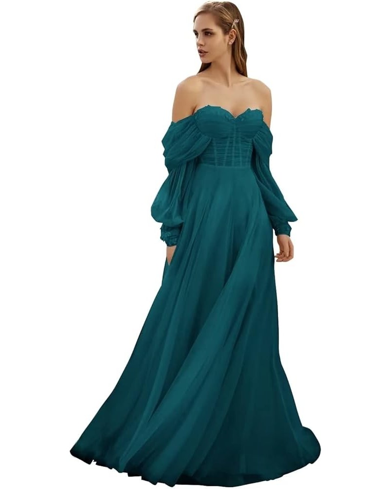 Women's Tulle Long Prom Dress Puffy Sleeve 2023 Off Shoulder Sweetheart Vintage Evening Party Gowns Peacock $32.40 Dresses