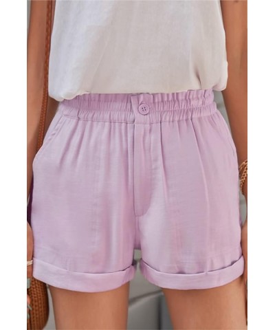 Women Comfy Cotton 2" High Waisted Shorts Casual Summer Ruffles Elastic Waist Short Pants with 4 Pockets A-purple $12.00 Others