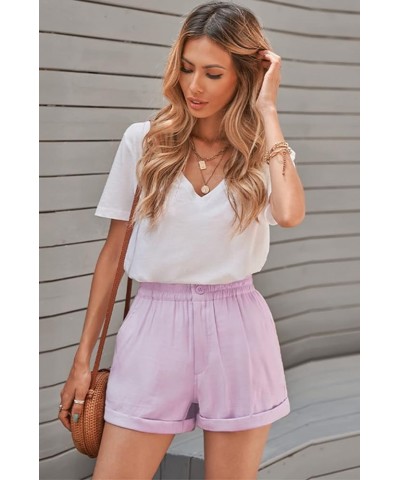 Women Comfy Cotton 2" High Waisted Shorts Casual Summer Ruffles Elastic Waist Short Pants with 4 Pockets A-purple $12.00 Others