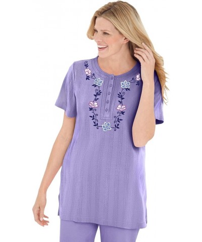 Women's Plus Size 7-Day Embroidered Pointelle Tunic Soft Iris Floral Embroidery $20.70 Tops