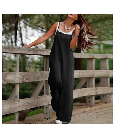 Linen Overalls for Women Loose Fit Spaghetti Strap Wide Leg Jumpsuits Casual Flowy Summer Rompers with Pockets A02-black $9.4...