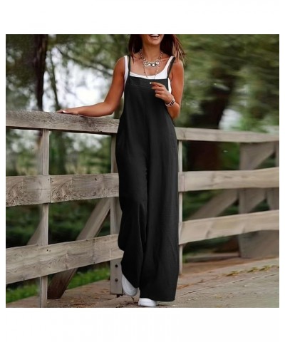 Linen Overalls for Women Loose Fit Spaghetti Strap Wide Leg Jumpsuits Casual Flowy Summer Rompers with Pockets A02-black $9.4...