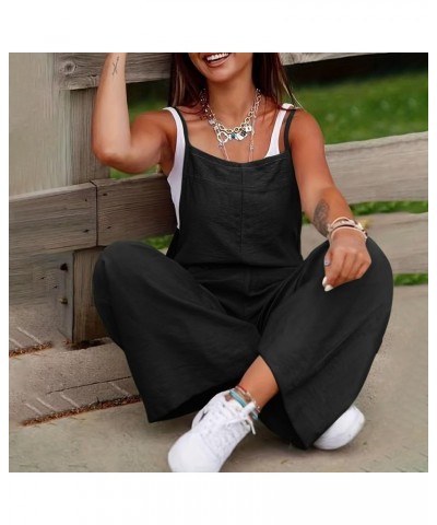 Linen Overalls for Women Loose Fit Spaghetti Strap Wide Leg Jumpsuits Casual Flowy Summer Rompers with Pockets A02-black $9.4...