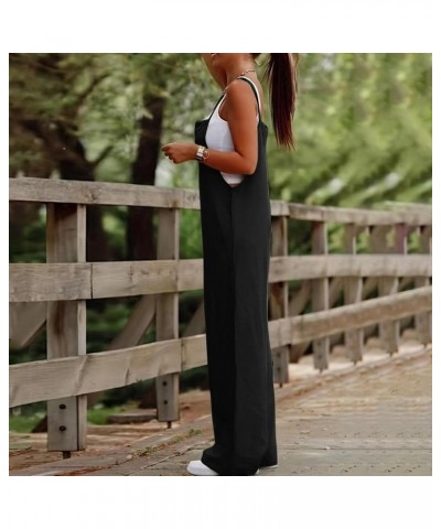 Linen Overalls for Women Loose Fit Spaghetti Strap Wide Leg Jumpsuits Casual Flowy Summer Rompers with Pockets A02-black $9.4...