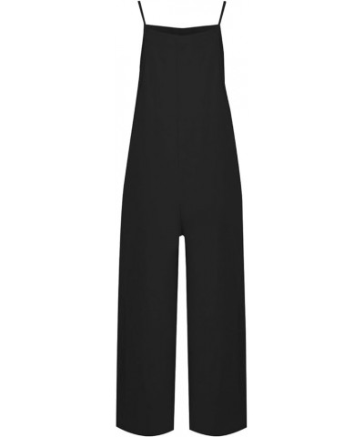 Linen Overalls for Women Loose Fit Spaghetti Strap Wide Leg Jumpsuits Casual Flowy Summer Rompers with Pockets A02-black $9.4...