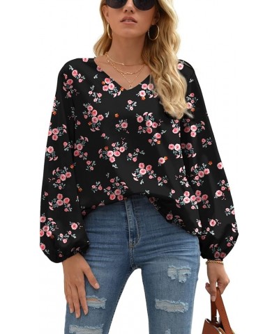 Women's Casual Sweet & Cute Loose Shirt Balloon Sleeve V-Neck Chiffon Blouse Top A24 Red Flower/Black $17.35 Blouses