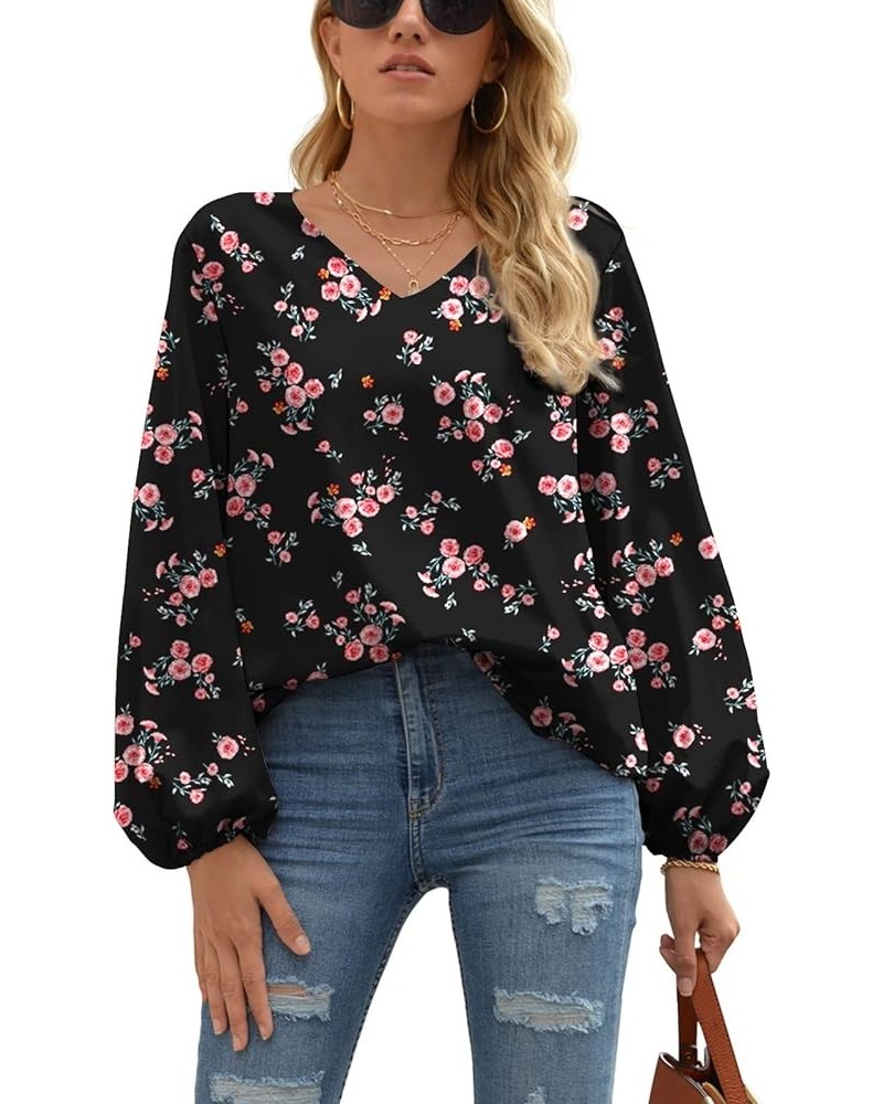 Women's Casual Sweet & Cute Loose Shirt Balloon Sleeve V-Neck Chiffon Blouse Top A24 Red Flower/Black $17.35 Blouses