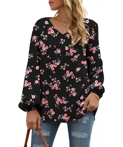 Women's Casual Sweet & Cute Loose Shirt Balloon Sleeve V-Neck Chiffon Blouse Top A24 Red Flower/Black $17.35 Blouses