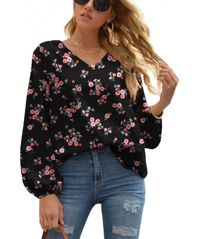 Women's Casual Sweet & Cute Loose Shirt Balloon Sleeve V-Neck Chiffon Blouse Top A24 Red Flower/Black $17.35 Blouses