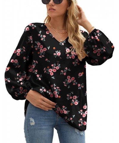 Women's Casual Sweet & Cute Loose Shirt Balloon Sleeve V-Neck Chiffon Blouse Top A24 Red Flower/Black $17.35 Blouses