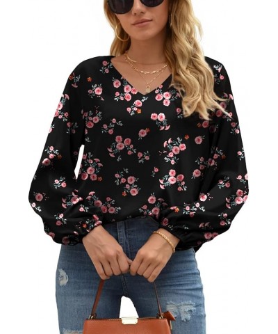 Women's Casual Sweet & Cute Loose Shirt Balloon Sleeve V-Neck Chiffon Blouse Top A24 Red Flower/Black $17.35 Blouses