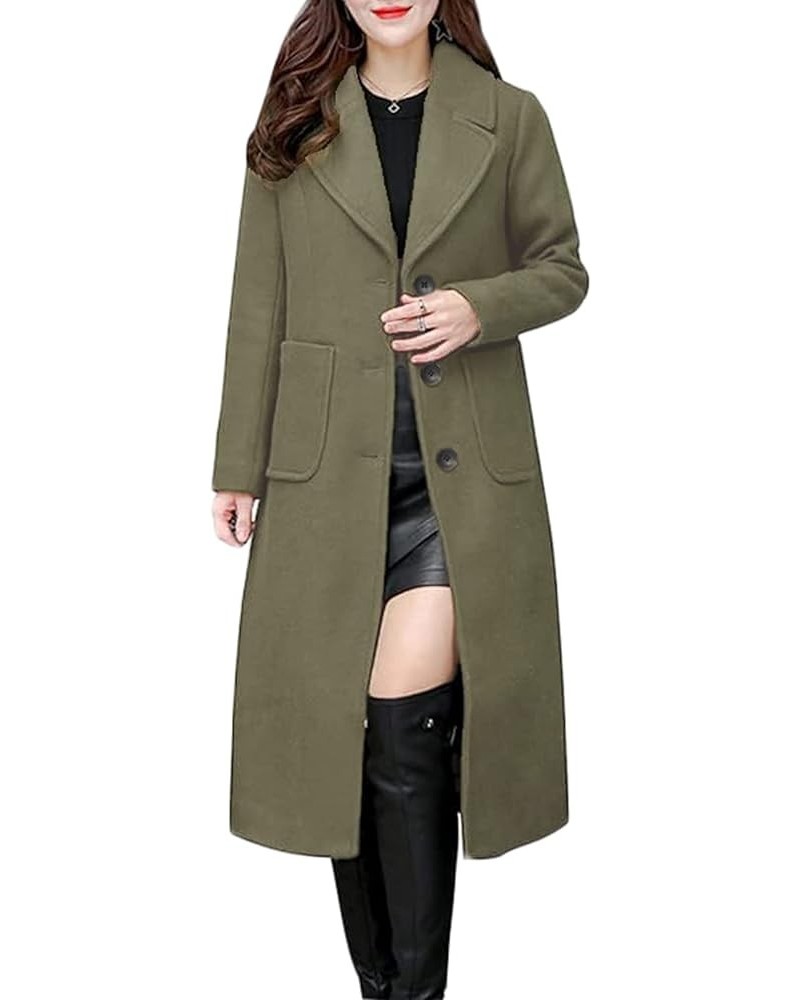 Womens Wool Blend Single Breasted Notched Collar Winter Pea Trench Coat with Pockets Army Green $23.65 Coats