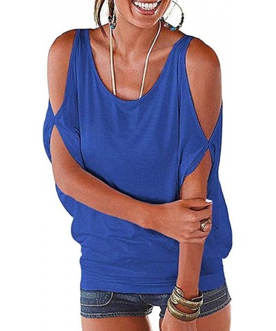 Women Cold Shoulder O-Neck Short Sleeve Loose Fit Summer Shirt Blouse Tops Blue $12.32 Blouses