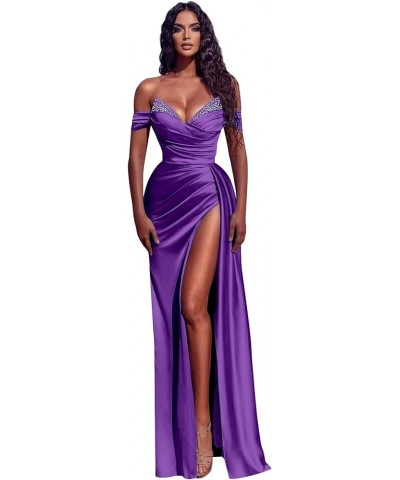 Satin Prom Dresses for Women Mermaid Rhinestone Formal Dresses Off Shoulder Evening Gowns with Slit Purple $26.65 Dresses