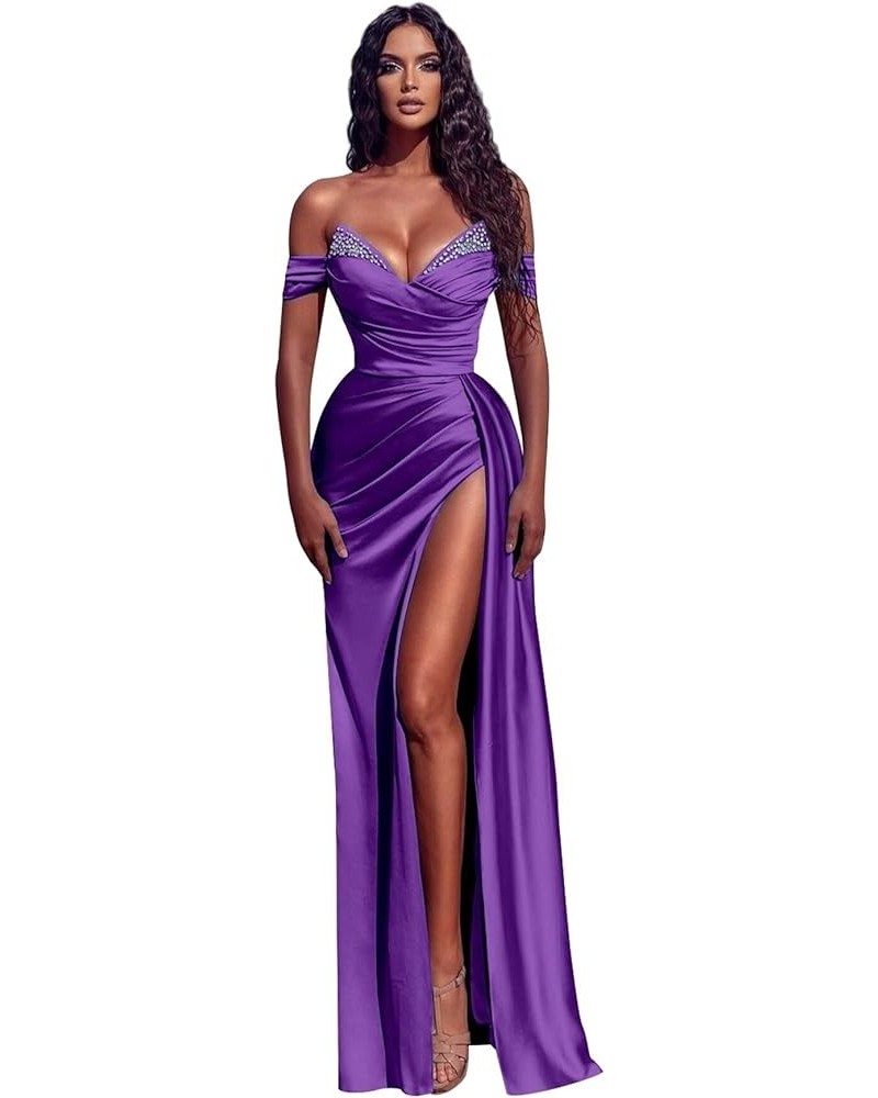 Satin Prom Dresses for Women Mermaid Rhinestone Formal Dresses Off Shoulder Evening Gowns with Slit Purple $26.65 Dresses