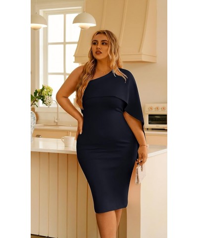 Women's Summer Sexy One Shoulder Ruffle Bodycon Midi Cocktail Dress Navy $22.13 Dresses