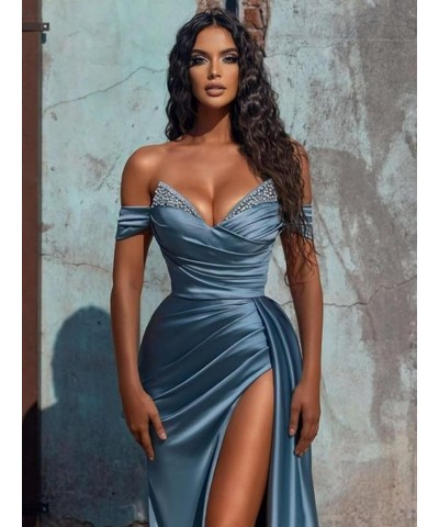 Satin Prom Dresses for Women Mermaid Rhinestone Formal Dresses Off Shoulder Evening Gowns with Slit Purple $26.65 Dresses