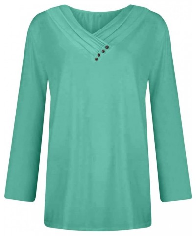 Button Down Long Sleeve Shirt for Women Dressy Casual Fall Comfy Work Blouse V Neck Pullover Solid Color Tunic Tops 4-mint Gr...