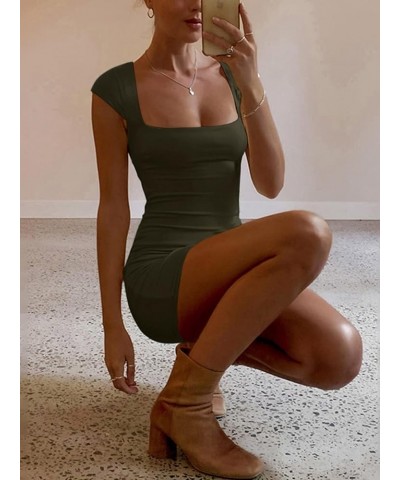 Women's Bodycon Mini Dress Sexy Summer Short Sleeve Square Neck Short Dresses Aa-dark Green $20.05 Dresses